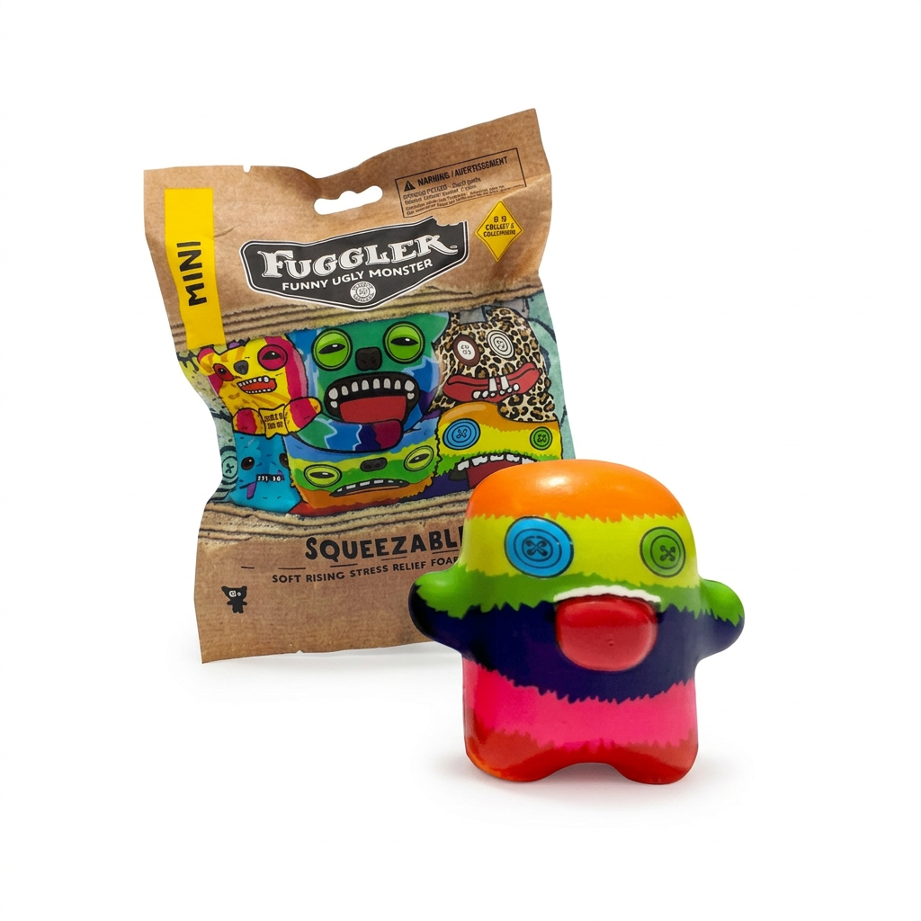 Fuggler Mini Squeezables 10cm surprise bag beside a colourful example foam monster on a white background