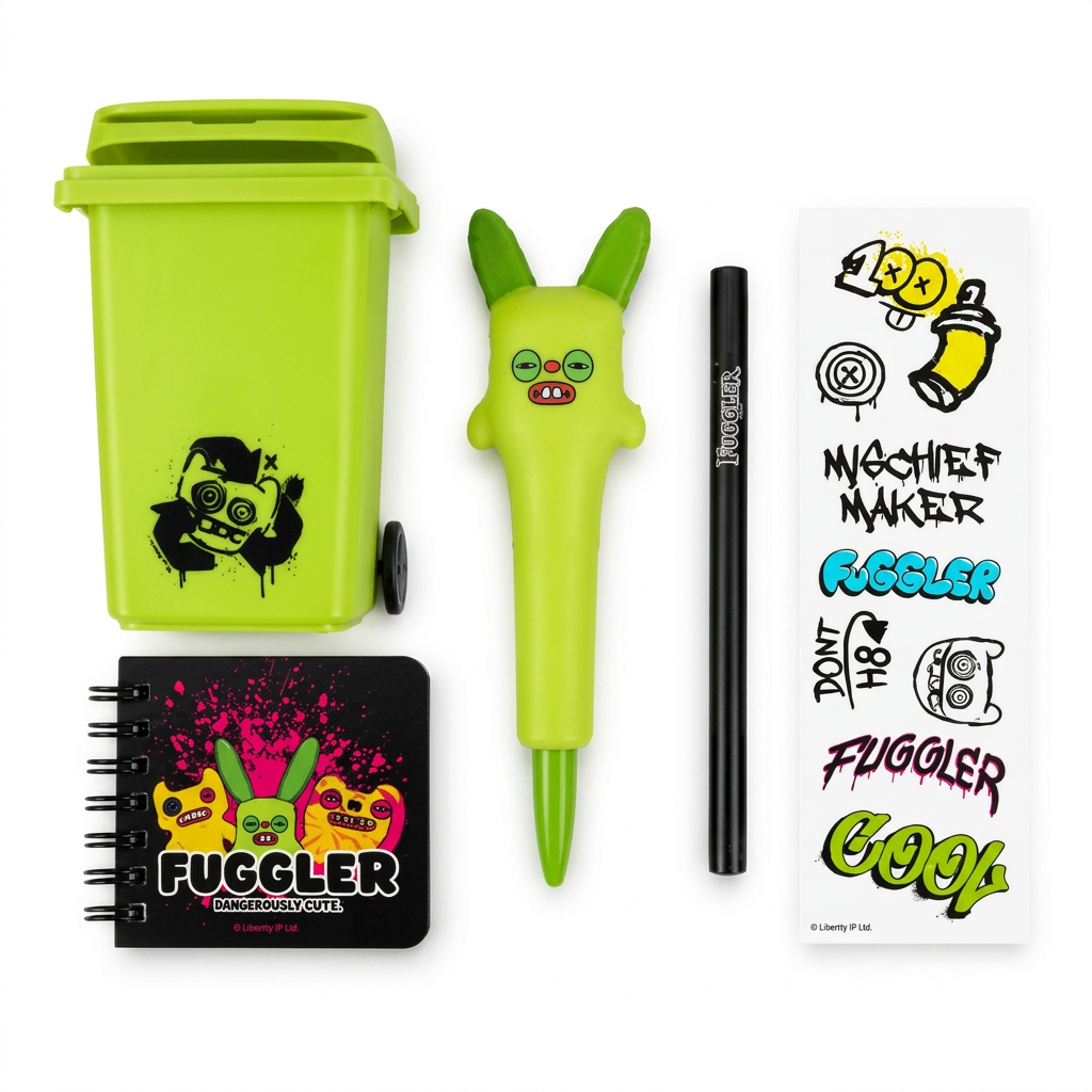 A Fuggler brand novelty set featuring a bright lime green trash can, a matching lime green bunny-shaped marker pen, a black marker, a black notebook with colorful graffiti-style artwork, and a sheet of temporary tattoos with matching designs, all arranged on a clean white background.